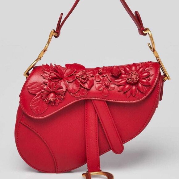 Christian Dior Red Leather Embroidered Flowers Mini Saddle - Picture 1 of 11
